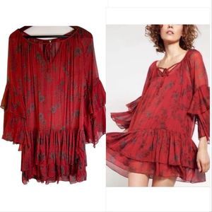 Free People Small Red Floral SemiSheer Sunsetter Ruffle Hem Babydoll Tunic Dress